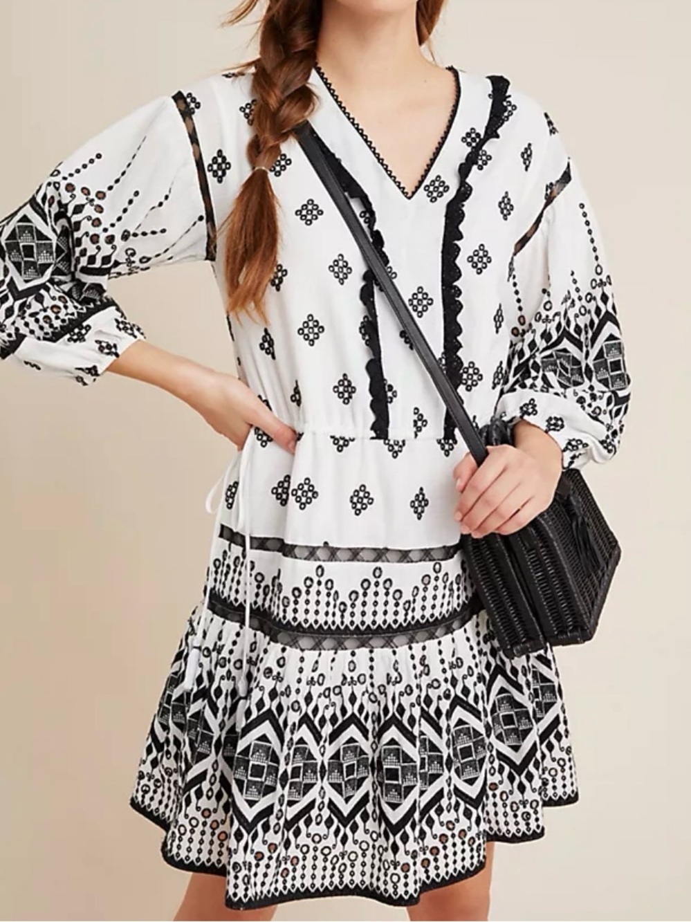 ANTHROPOLOGIE FRANCINE EYELET WHITE BLACK EMBROIDERED BOHO DRESS SZ SMALL